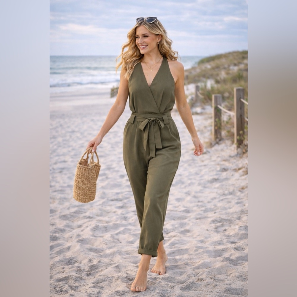 Lulus in the City Olive Green Surplice Sleeveless Jumpsuit NWT